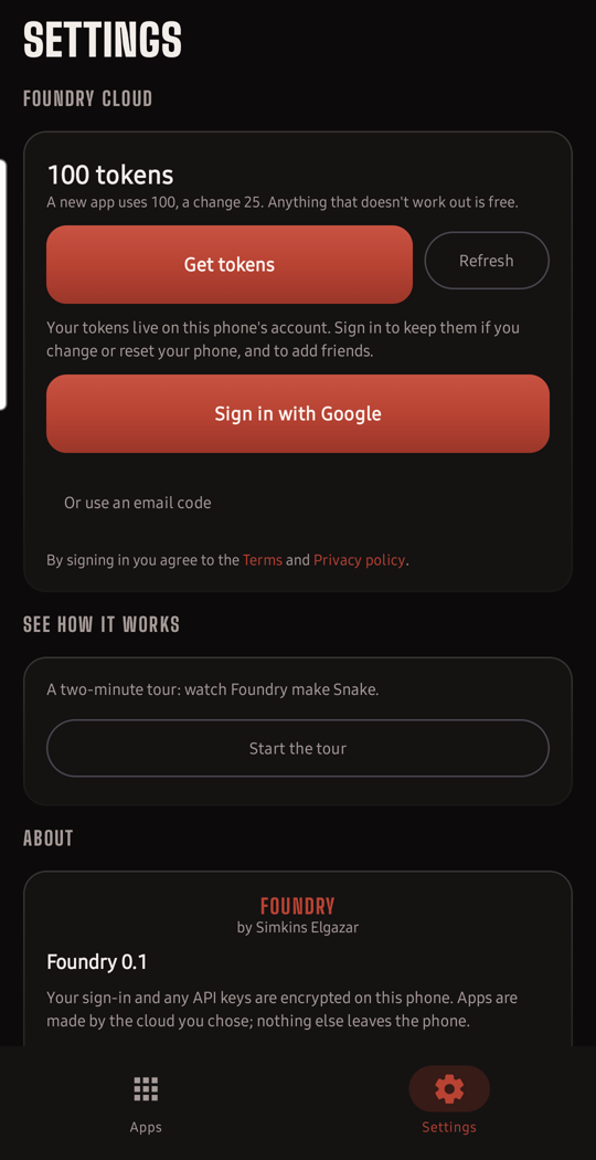 Foundry's settings: sign in to Foundry Cloud with an email code.